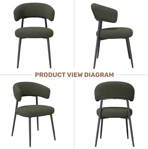 Dining Chairs Set of 4, Mid Century Modern Kitchen Chairs, Boucle Upholstered Dining Chair with Curved Backrest & Metal Legs for Kitchen Dining Room, Green