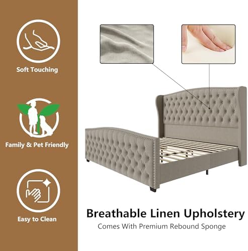 AMERLIFE King Size Bed Frame with Velvet Upholstered Wingback Headboard