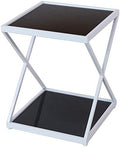 Telephone Table, 2 Tier Tempered Glass Sofa Side Table Living Room Iron Art Corner Table Snack Table Bedroom Nightstand Storage Shelf，18.8''x14.2''x20.4''(Color:White)