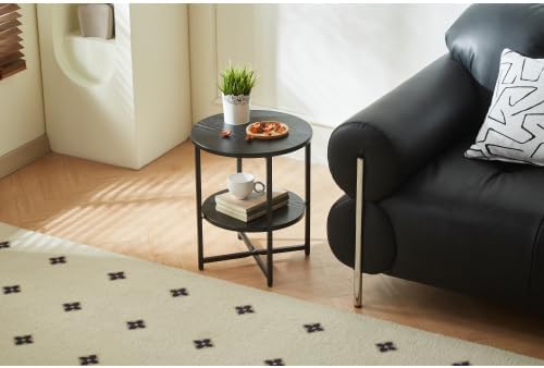 Small Round Side Table, 2 Tiers Farmhouse End Table, Set of 2 Accent Tables for Small Spaces, Night Stands for Bedrooms Living Room, Coffee Tables with Storage Shelf, Black