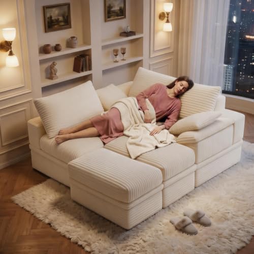 107" Modular Sectional Sofa Couch with Storage,U-Shape 3 Seat Comfy Modern Cloud Couch Sofa with Ottoman, 27" Deep Seat Corduroy Sofa for Living Room, Tool-Free Assembly - Beige