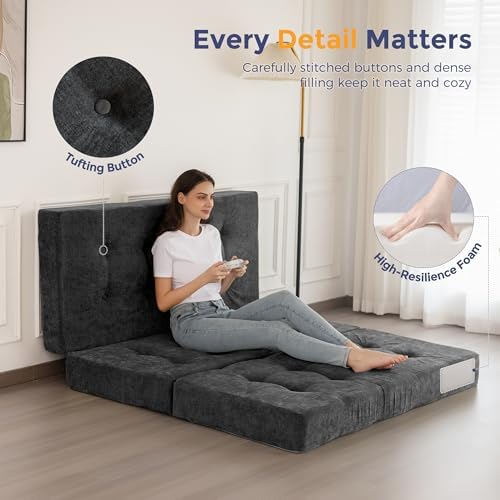 MAXYOYO 6" Folding Sofa Bed for Floor, Tufted Tri-Fold Floor Mattress | Queen Size Portable Sofa Couch Guest Mat with Chenille Fabric for Adults, Foldable Topper for Camping, Dark Grey, Queen