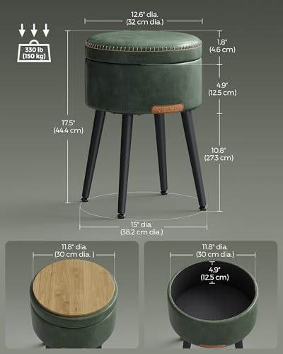 VASAGLE Storage Ottoman, Synthetic Leather Round Seat with Steel Legs | Vanity Chair Stool, with Stitching, Transitional, Loads 150 kg, Forest Green and Matte Black, EKHO Collection ULOM005C01