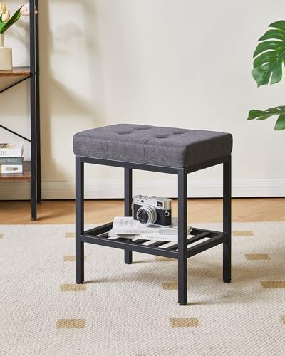 IBUYKE Rectangular Makeup Stool, Linen Seat Vanity Chair, Dark Gray WBD017G | Adjustable Feet Storage Space Footrest Multi-Use Small Side Table Ottoman Bedroom