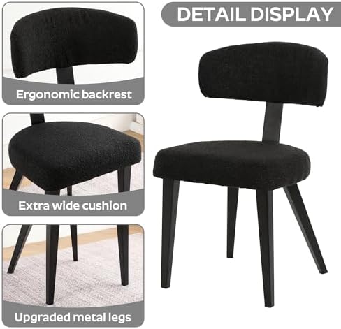Boucle Chairs Set of 6, Modern Black Upholstered Dining Chairs with Black Metal Legs, Boucle Dining Chairs with Curved Backrest for Dining Room, Kitchen(Only Chairs)
