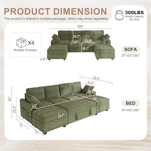 Hanherry 104" Sectional Sofa with Pull Out Couch Bed,Corduroy 4 Seater Sleeper Sofa with Storage Ottoman & USB Charging,Comfy U Shaped Modular Couches for Living Room,Apartment