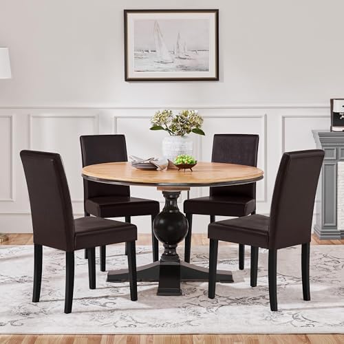Yaheetech Dining Chairs Set of 4 Upholstered Kitchen Chairs Dark Brown | Faux Leather High Back Sillas De Comedor, Solid Wood Legs, Adjustable Footpads, Modern Armless Parson Chairs for Dining Room
