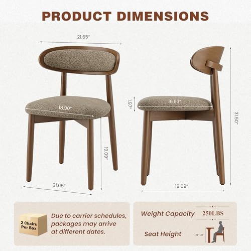 Dining Chairs Set of 6, Upholstered Dining Room Chairs with Solid Wood Legs | Mid Century Modern Dining Chairs, Fabric Kitchen Chairs with Ergonomic Curved Backrest for Dining Room, Vanity, Camel