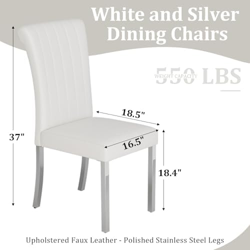 ACEDÉCOR Dining Chairs, White Leather Dining Chairs Set of 6, Upholstered Kitchen Room Chairs with Silver Stainless Steel Legs