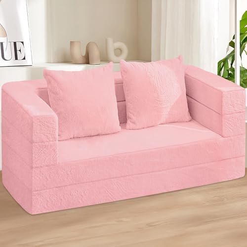Futon Sofa Bed with Pillow, 3-in-1 Sleeper Sofa Bed with Removable Cover | Convertible Floor Sofa Bed with Memory Foam Filled, No Assembly Couch for Living Room, Bedroom（Pink King）