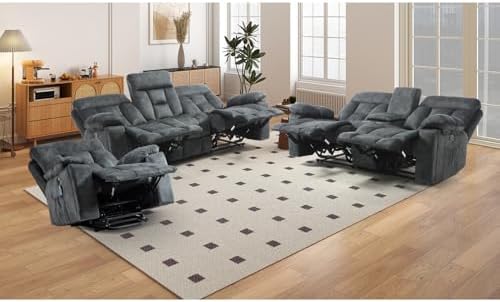 EBELLO 2 Pieces Recliner Sofa Couch Furniture Set, Overstuffed Reclining Loveseat Recliner Couch and Wide 3PC Bonded Sofa Set for Living Room, Dark Greenish-Grey
