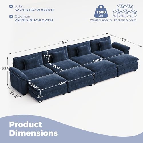CDCASA 154" Modular Sectional Sofa, Comfy Cloud Couch with 4 Movable Ottomans, Oversized 8-Seater Chenille Deep Seat Sofa Bed for Living Room,Bedroom, Blue