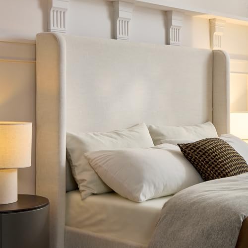Full Size Upholstered Platform Bed Frame, 53.5" High Headboard Carmen Wingback Beds, Tall Headboard Floor Bed Frames, No Box Spring Needed No Noise, Minimalist, Textured Ivory