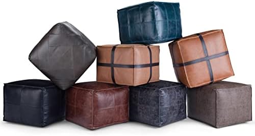 SIMPLIHOME Sheffield 18" Wide Square Genuine Leather Pouf in Brown | Distressed brown boho footrest, extra seating and accent piece for living room or bedroom, assembled; pouf ottoman.