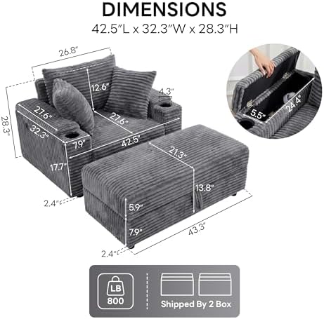 LIKIMIO 54'' Oversized Chaise Lounge Chair Indoor, Gray | Wood Frame