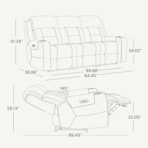 Watson & Whitely Genuine Leather Lay Flat Power Reclining Sofa, Brown | 3-Seater Recliner Couch, Power Headrests, Cup Holders, USB & Type-C Charging Ports, Electric Reclining, Living Room