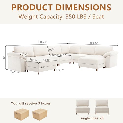 Oversized L Shaped Sectional Couch for Living Room, Extra Large Deep Seat Modular Sectional Sofa with Washable Covers, Modern Cloud Couch for Apartment, Bedroom, Beige