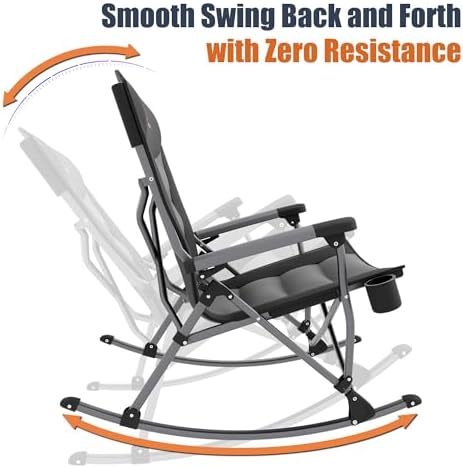 Rocking Camping Chair for Adults, Portable Chairs with Cup Holder and Side Pocket, Outdoor Folding Rocker Chair (Black)