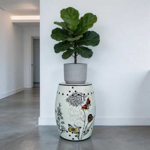 Hand-Painted Floral Bird Ceramic Drum Stool - Oriental Artistry Storage Ottoman, Accent Seat, End Table (The Butterfly‘s Floral Dance)