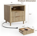 Fluted Nightstand with Charging Station, 2 Drawers Oak
