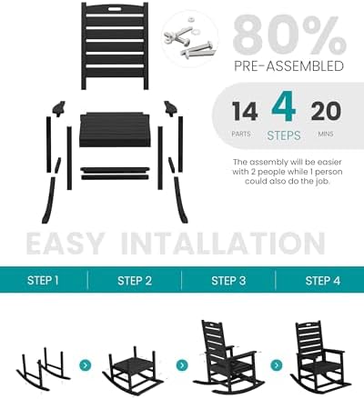 SERWALL Outdoor Rocking Chair Set of 2, Oversized HDPE Rocker, Black | Heavy Duty Front Porch Rocker with Footrest, all Weather Porch Rocker for Deck Patio Balcony, 350lbs Weight Capacity