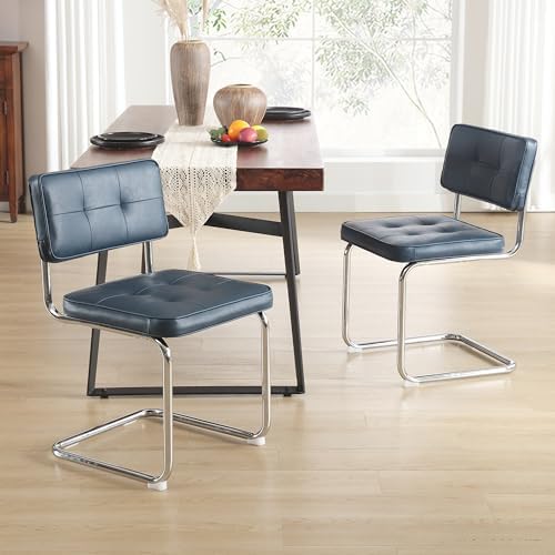 ONEVOG Retro Kitchen & Dining Chairs Set of 2, Mid Century Modern Dining Seat 19.3" with Faux Leather Cushion Back, Cantilever Chrome Metal Legs, Upholstered Armless Chair for Small Living Room, Blue
