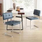 ONEVOG Retro Kitchen & Dining Chairs Set of 2, Mid Century Modern Dining Seat 19.3" with Faux Leather Cushion Back, Cantilever Chrome Metal Legs, Upholstered Armless Chair for Small Living Room, Blue