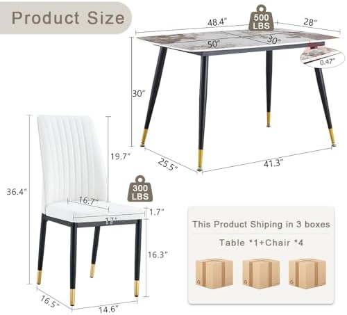 5 Pieces Modern Sintered Stone Dining Table Set 50" Rectangular Faux Marble Tabletop Kitchen Table with 4 PU Leather Chair Dinner Table Set(1Faux Marble Table+4 Cream White Chairs)
