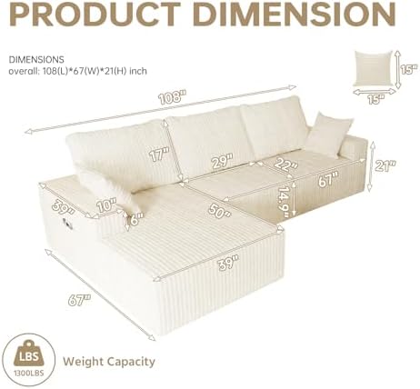 108" Modular Sectional Cloud Cream Couch for Living Room Deep Seat L Shapes Couch with Oversized Chaise Lounge, Comfy Memory Foam Flannel Fabric Sofa for Bedroom Apartment