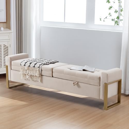 67" Storage Bench for Bedroom, End of Bed Bench King Size, Beige | Double Lids Storage Ottoman Bench with Golden Legs, Upholstered Velvet Bench for Foot of Bed Window Living Room Entryway