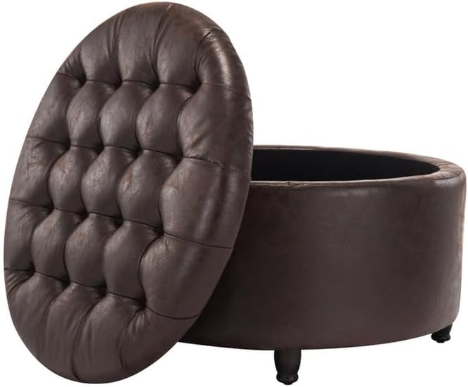 Niche Knight 28-Inch Large Round Pintucked Storage Ottoman with Lift-Off Lid, Tufted Faux Leather Accent Footrest for Living Room, Bedroom, Entryway, Hidden Storage – Brown Faux Leather