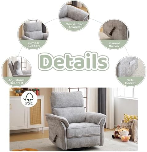 Oversized Swivel Rocker Recliner with Adjustable Headrest, Rocking Chair Nursery with Overstuffed Armrest, Manual Rocker Recliner Nursery Chair for Living Room,Light Grey