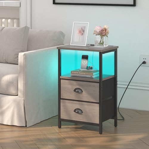 sthmec Nightstand with Charging Station, LED Night Stand Set of 2, Bedside Table End Table with Drawer, Bedroom Tables with 2 Fabric Drawers, 3-Tier Storage Side Table for Bedroom,Grey