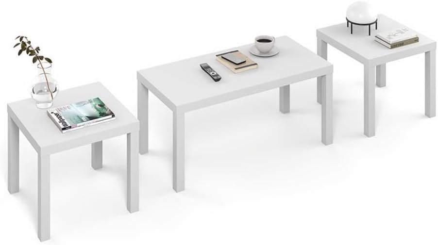 Pemberly Row 3-Piece Living Room Table Set, Includes Coffee Table & 2 Side Tables, Durable Engineered Wood, White Finish, Thick Tabletops, Modern Design, Sturdy Furniture for Living Room or Office