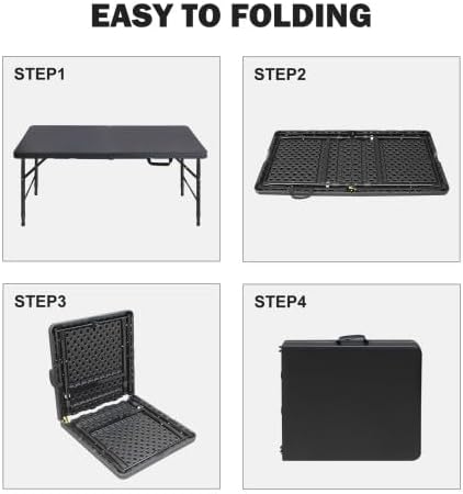 GlowSol Folding Table 4FT, Heavy Duty Portable Plastic Folding Table with Handle, Anti-Slip Feet, Waterproof, Easy to Clean, 300LBS Capacity, Foldable for Indoor Outdoor Use, Black