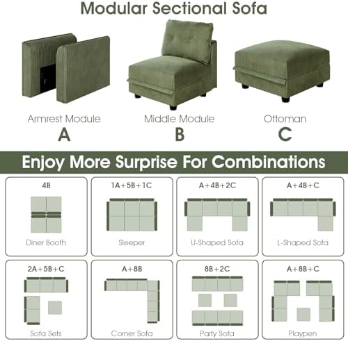 LLappuil 14-Seat Modular Sectional Sofa with Storage, 163" Oversized U-Shaped Corduroy Couch with 10 Throw Pillows, Pet-Friendly Convertible Pit Sofa for Large Spaces, Skin-Friendly, Green