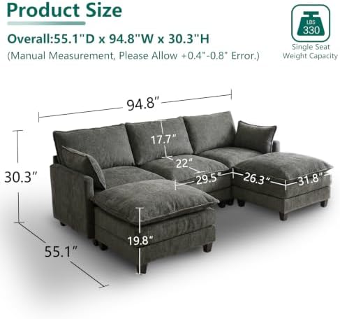 Modular Sectional Sofa, 95" U Shaped Couch, Couches for Living Room | Movable Ottomans, High Resilience Foam, 22" Seat Depth, 2 Layer Cushions, Armrest Pillows, Easy Assembly, Chenille, Dark Gray