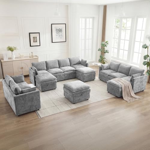 27" Large Square Ottoman with Storage, Modern Upholstered Footrest with Anti-Slip Legs for Couch Coffee Table Living Room, Bedroom, Entryway, Chenille Light Grey