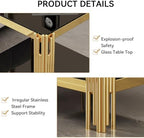20” Square Glass End Table, 2-Tier Side Table with Black Tempered Glass Top Golden Mirrored Stainless Steel Legs, Modern Luxury Nightstand Bedside Table with Lower Shelf for Living Room