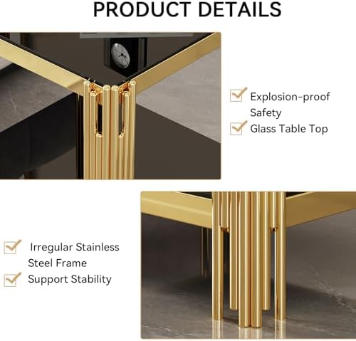 20” Square Glass End Table, 2-Tier Side Table with Black Tempered Glass Top Golden Mirrored Stainless Steel Legs, Modern Luxury Nightstand Bedside Table with Lower Shelf for Living Room