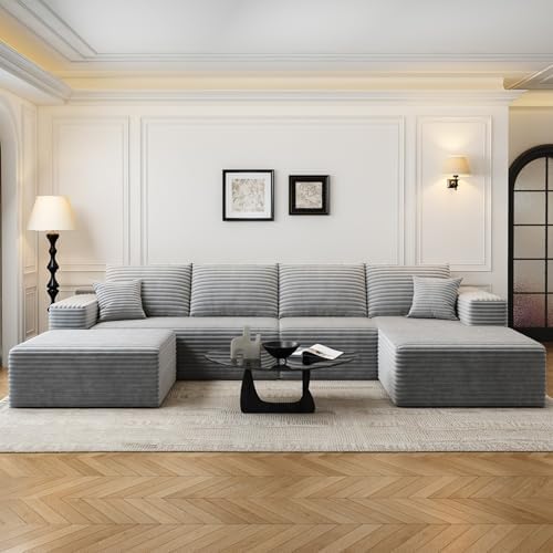 135.4" Cloud Modular Sectional Couch with 1 Ottoman,Modern Minimalist Upholstered Couches, Comfort U Shaped Sofa for Living Room,Deep Seat Corner Couch，No Assembly Required (Grey,Right Facing Chaise)