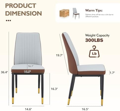 Dining Room Chairs Set of 6, Leather Two-Tone Leather Upholstery Kitchen Chairs with High Back, Vertical Channel Stitching, Powder-Coated Black Metal Legs for Dining Room, Kitchen, Living Room
