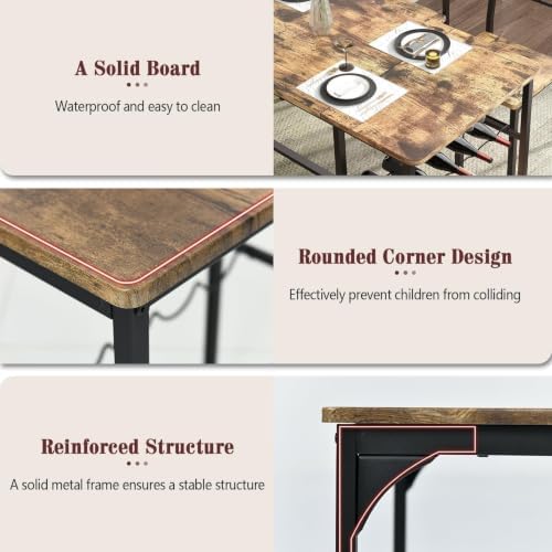 55-Inch Dining Table Set for 4 with Bench, Wine Rack, Rustic Brown | 4-Piece Kitchen Table Set with 2 Chairs, Bench, Stemware Holder and Storage Shelves for Small Spaces and Apartments