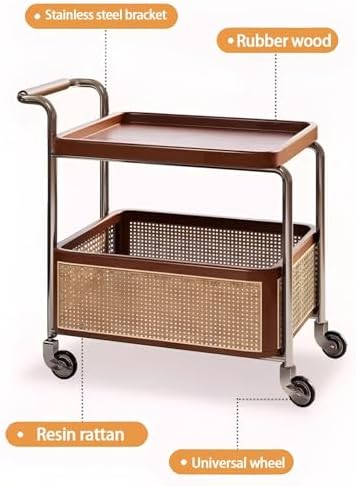 Brown Wood Rolling Side Table - 2-Tier Multi-Functional Utility Cart with Rattan Basket & Handle for Living Room, Bedroom, Home Organization, Modern Decor