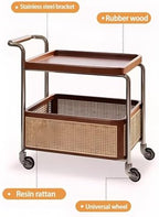 Brown Wood Rolling Side Table - 2-Tier Multi-Functional Utility Cart with Rattan Basket & Handle for Living Room, Bedroom, Home Organization, Modern Decor