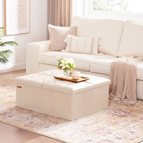 HAUSFRAU Ottoman with Storage Bench Folding Foot Rest Stool Ivory | 31.5", Flip Lid, Small Upholstered Foldable Footrest Footstool, Bedroom Bench, Living Room Dorm Ottoman, Faux Leather