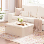 HAUSFRAU Ottoman with Storage Bench Folding Foot Rest Stool Ivory | 31.5", Flip Lid, Small Upholstered Foldable Footrest Footstool, Bedroom Bench, Living Room Dorm Ottoman, Faux Leather