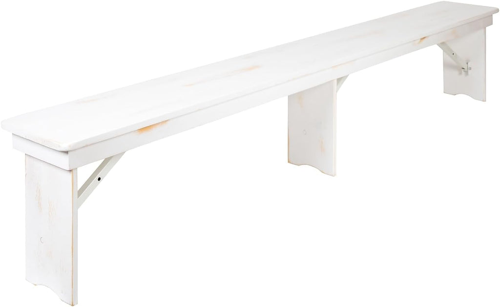 Flash Furniture Hercules Commercial Grade Farmhouse 3 Leg Bench - Solid Pine Foldable Bench with Seating for 4 - 8'x12" - Antique Rustic White