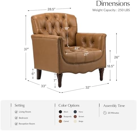 HULALA HOME Mid Century Modern Genuine Leather Accent Chair Set of 2, Camel | Button Tufted Leather Armchairs, Upholstered Club Chairs with Nailhead Trim, Solid Wood Legs,for Living Room Bedroom
