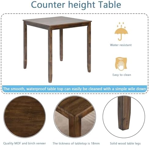 5 Piece Dining Table Set for 4, Solid Wood Square Dining Table Set, Counter Height Kitchen Table Set with Square Table and 4 Upholstered Chairs, X-shaped Backrest for Small Space, Walnut